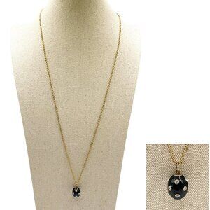 J. Crew Pave Crystal Black Enamel Egg Pendant Necklace Gold Tone Chain 30"